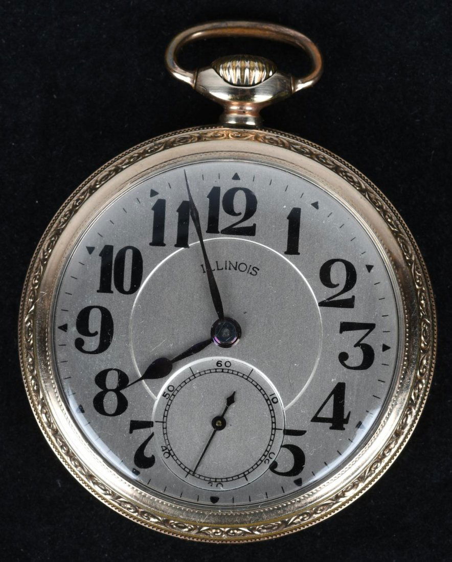 ILLINOIS 21 JEWEL POCKET WATCH: Beautiful Illinois 21 Jewel Pocket Watch. Keystone Watch Case 10k Gold Filled. Excellent movement. Works well. Very ornate case. Size 16. Excellent