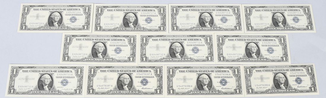 11- SILVER CERTIFICATES 1957 & 1957A CONSECUTIVE #: Includes 8- 1957A Silver Certificates with consecutive serial numbers and 3- 1957 Silver Certificates with consecutive serial numbers. All Crisp UNC