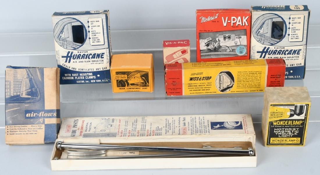 LOT OF NOS AUTOMOTIVE ACCESSORIES: Includes No-Mar Wiss-L-Stop, Motorist V-Pak, Rayline Guide Posts, Vis-A-Pac, Wonderlamp, Air-Flows, Hurricane Deflectors, and More. New Old Stock with Box
