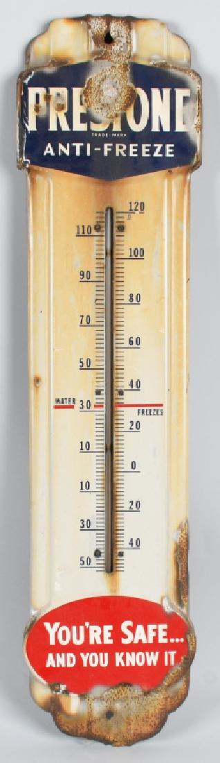 PRESTONE ANTI-FREEZE PORCELAIN THERMOMETER: Prestone Anti-Freeze porcelain Thermometer. Has some wear. 36" Very Good