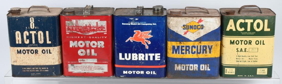 5- 2 GALLON OIL CANS: Includes Actol, Highest Quality, Actol, Lubrite, and Sunoco. Very Good