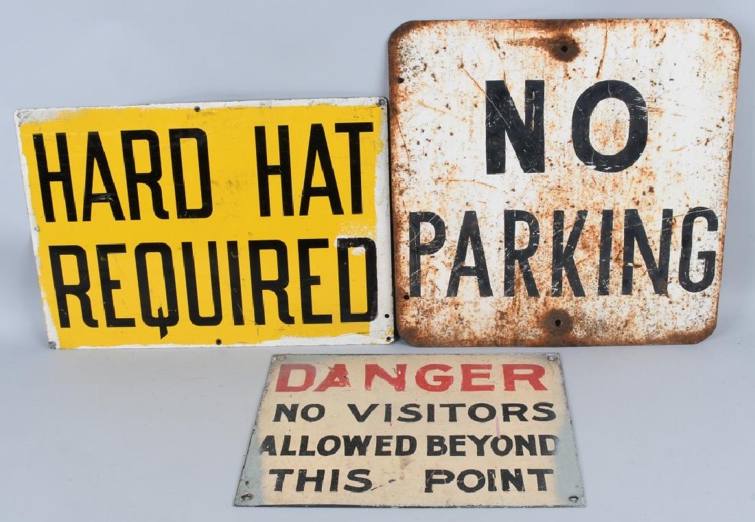 DANGER, HARD HAT, & NO PARKING TIN SIGNS: Lot includes Danger, No Parking, and Hard Hat tin signs. All with wear. Largest measures 20" Very Good