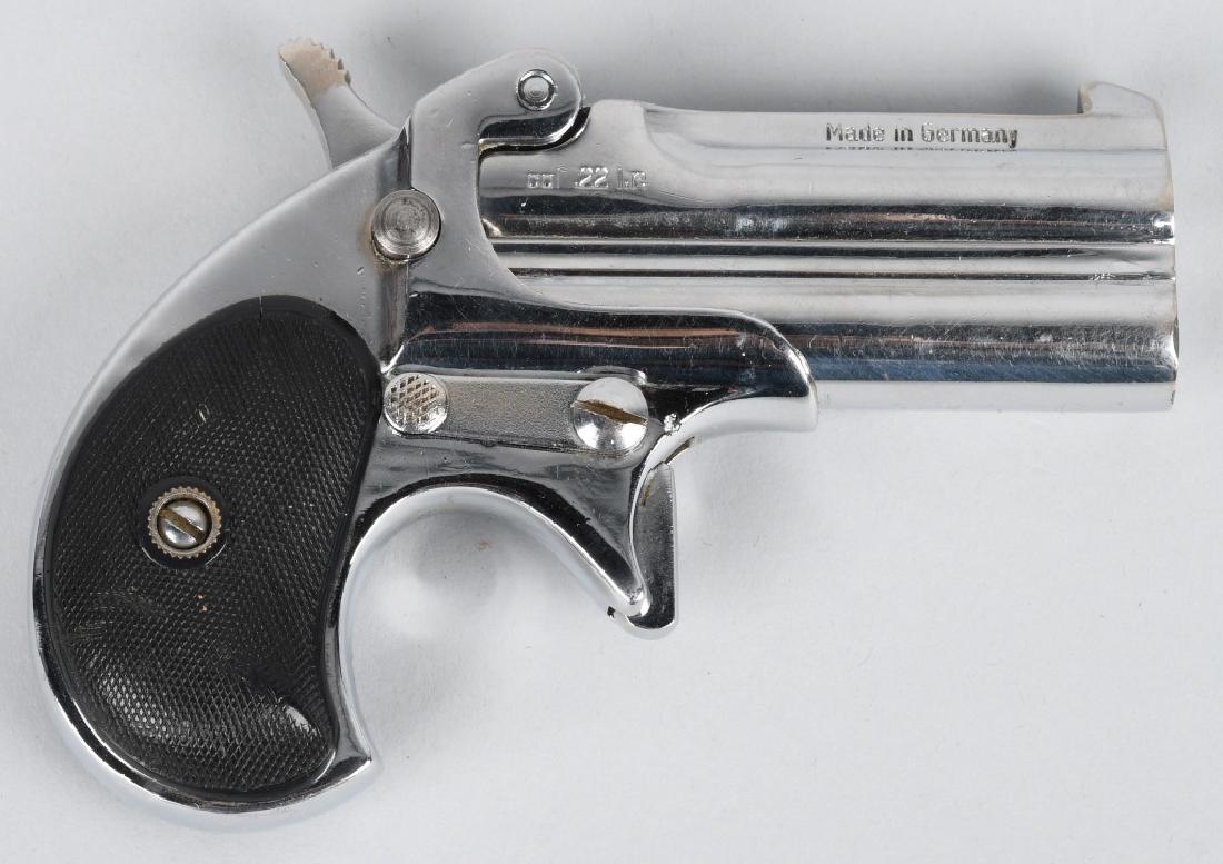 HAWES OVER & UNDER .22 DERRINGER, PISTOL: SN 28671, 3" barrels with excellent bores, .22 caliber, 98% nickel plating, action works, checkered grips have small split on left side. Quality derringer made in Germany and distributed by Hawes Fire
