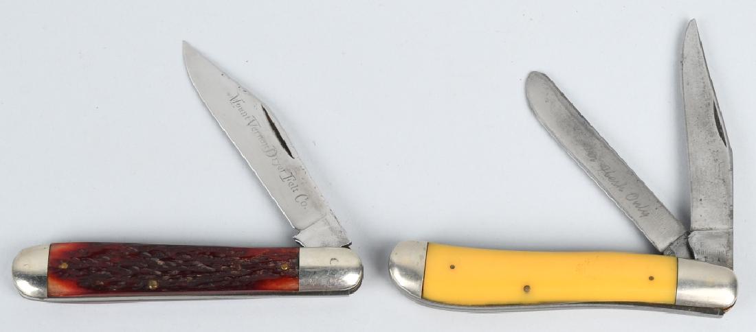 2- ROBESON KNIVES SHUR EDGE & BAREHEAD JACK: To include a Strawberry Bone Handle Unmarked Large Barehead Jack with Advertising on Blade "Mount Vernon Dry Felt Co." and Shur Edge Trapper. Very good