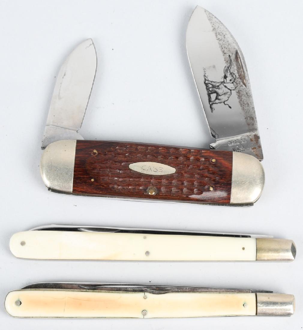 3 - CASE XX KNIVES TOENAIL, 4100 & 4200: To include a 2 Blade Toenail #6250 with an Elephant on the larger blade, #4100 single 5" blade and #4200 2 blade with stress cracks in handle. Very Good- Excellent