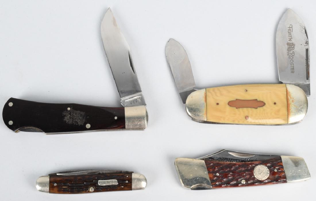 4- POCKET KNIVES BERTRAM, CUTCO, CATTURAGUS ETC: To include a 2 Blade Fighting Rooster Toenail, 2 Blade Catturagus, Single Blade Cutco and a 1984 Limited Edition Bertram National Knife collectors Association # 4017. Very Good - Excellent