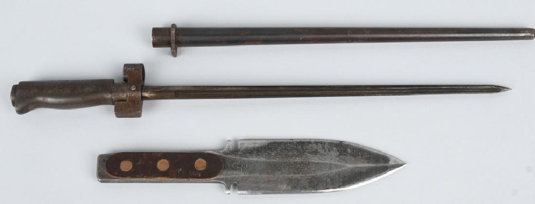 RIMPLER THROWING KNIFE & FRENCH LEBEL BAYONET: Rimpler throwing knife with an overall length of 10.75" with a 6.5" blade. Lebel bayonet cut down for use in World War Two. blade is 13.25". very good.