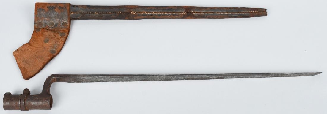 CIVIL WAR US MODEL 1861/63 BAYONET w/ SCABBARD: Original Civil War US model bayonet for the contract model 1861 and 1863 rifles. 21" overall with a 18" blade. Ricasso is marked US Complete with locking ring. Includes original worn scabbard missing 