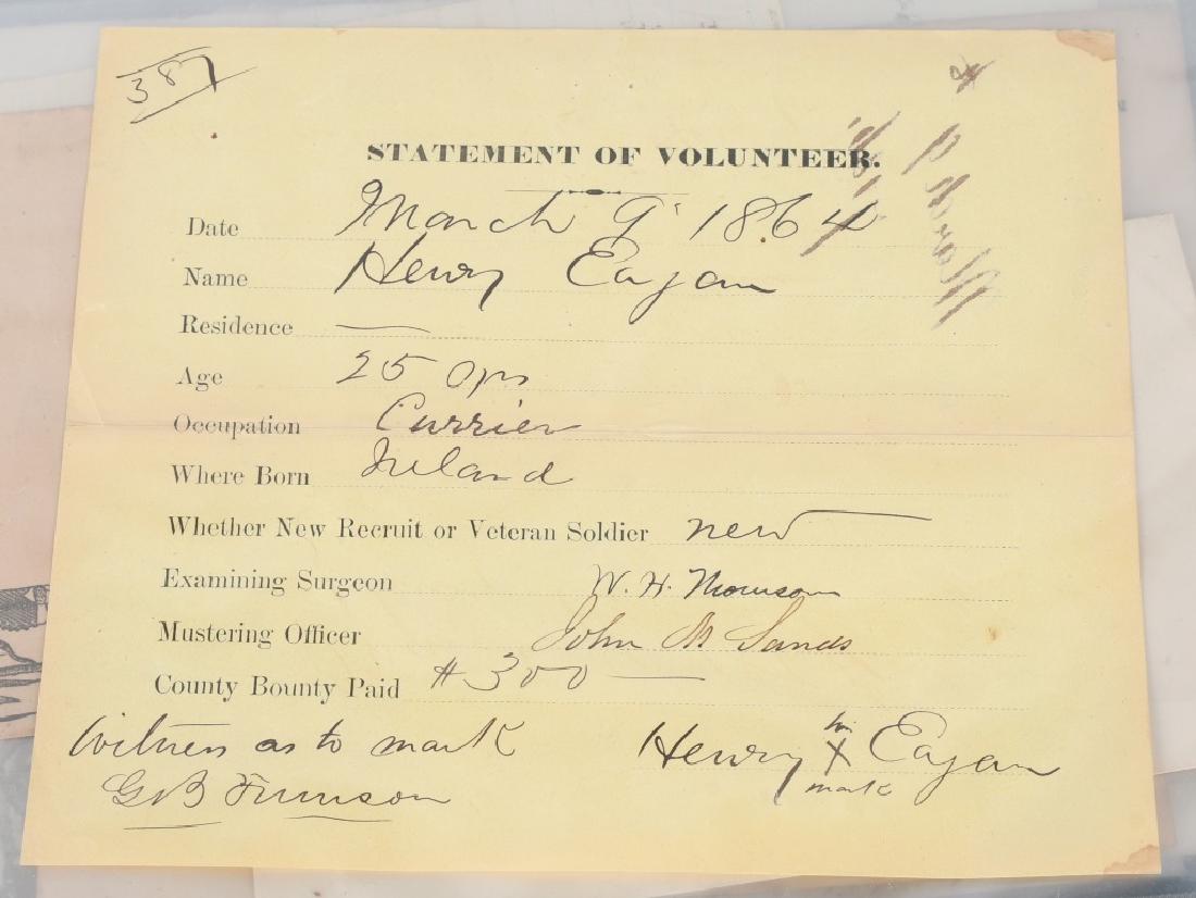 CIVIL WAR EPHEMERA GROUP DOCS. PATRIOTIC ENVELOPES: Grouping of Civil War ephemera including 6 patriotic envelopes one of Jeff Davis hanging and 3 9th corps envelopes, statement of volunteer, pay voucher, GAR, and an 1851 letter from the Bank of Akron.