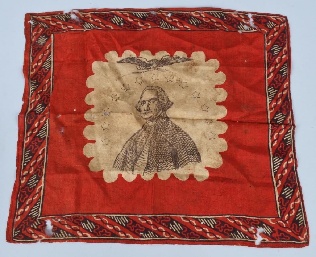 CIVIL WAR PATRIOTIC GEORGE WASHINGTON HANDKERCHIEF: Civil War period handkerchief featuring George Washington under an arch of 13 stars and an eagle.. Measures 16.625" x 16.625" . Edge damage and a some holes. good - very good.