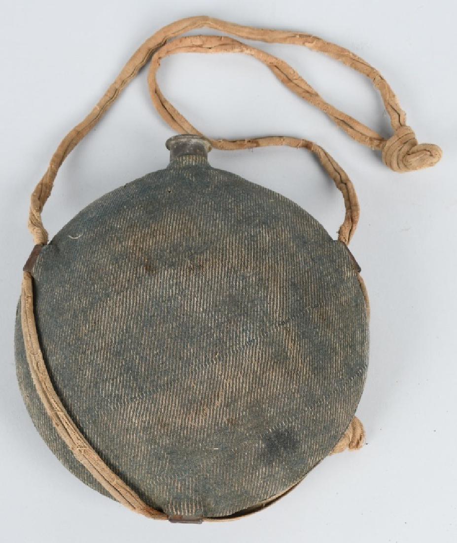 CIVIL WAR M 1858 SMOOTHSIDE CANTEEN BLUE COVER: M1858 smooth side canteen with blue wool cover and strap still intact. Missing chain and stopper. very good.