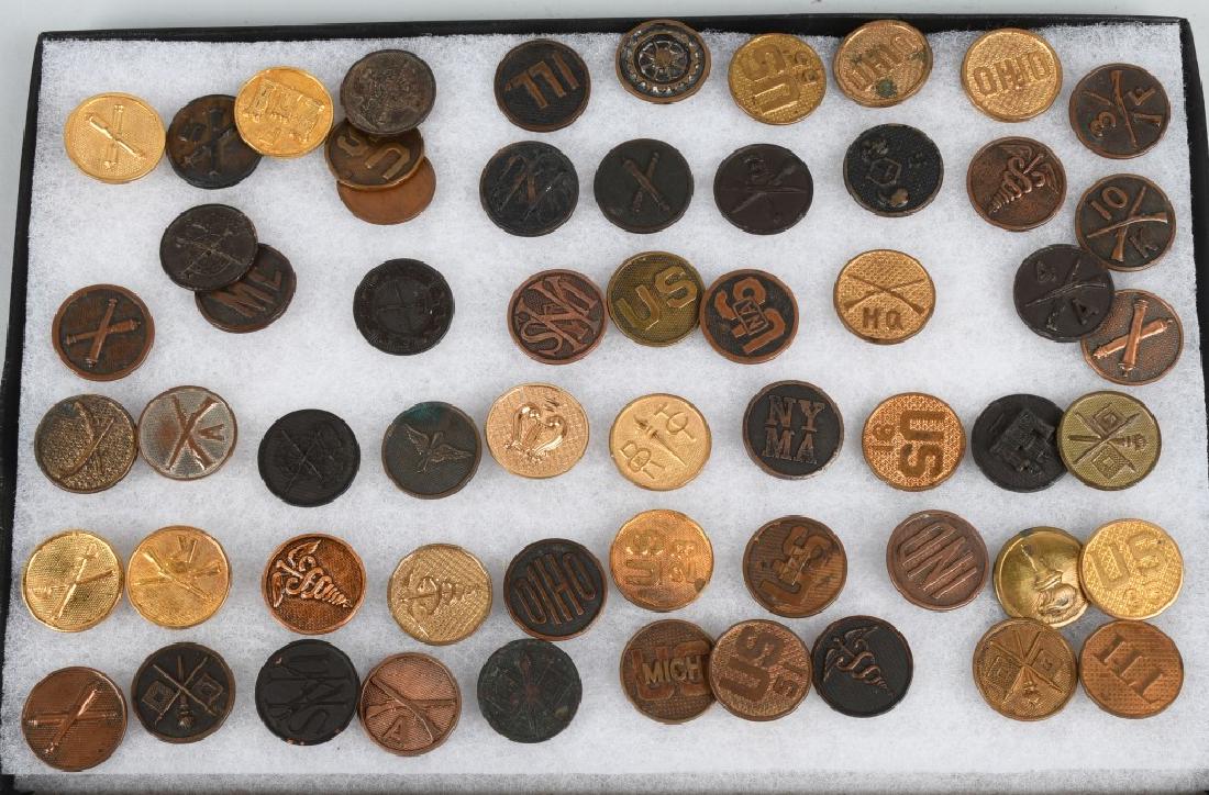 WWI U.S. ARMY COLLAR DISC LOT 48: 48 collar discs including states, ROTC, Aviation, infantry regiments, artillery , signal corps, provost marshall, Chemical, National Army, medical, cavalry, engineers, etc. There are 7 post war cross 