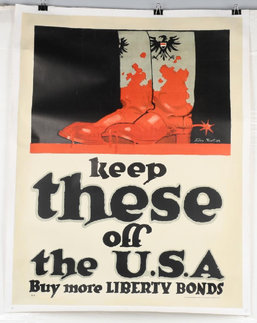 WWI US LIBERTY BONDS POSTER BY JOHN NORTON: Large liberty bonds poster featuring a pair of Bloody Imperial German boots and titled "Keep These Off the U.S.A. Buy More Liberty Bonds". Published by The Strobridge Litho. Co. Cincinnati & New York.