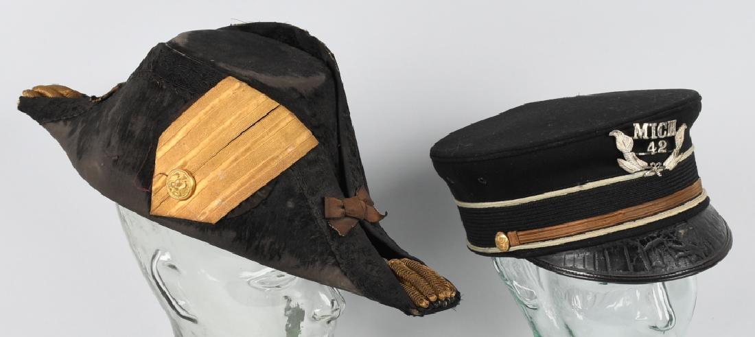WWI U.S FORE & AFT HAT AND 1892 PATTERN VISOR HAT: World War One era fore & aft hat made by Meyer of New York City. 1892 Pattern visor hat with "Michigan 42" hat wreath. The hat is made by the Henderson -Ames co. Kalamazoo. Accompanying the hat is th 