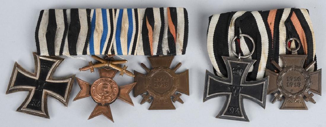 WWI IMPERIAL GERMAN MEDAL BAR LOT (2): Two Imperial German medal bars including the first with Iron Cross 2nd class, A Bavarian War Merit Cross with swords, a Hindenburg Combatant's Cross. The second medal bar consists of an Iron cross 2nd