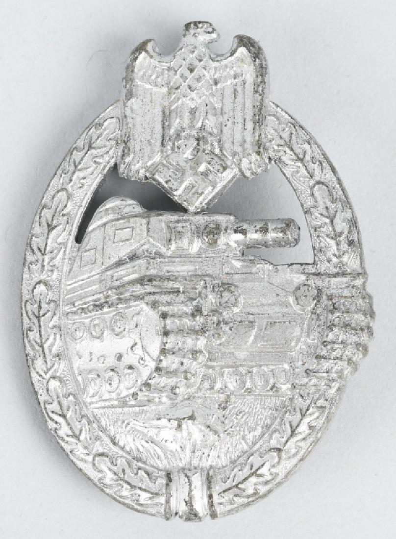 WWII NAZI GERMAN SILVER TANK ASSAULT BADGE: Panzer assault badge in silver Thin vertical magnetic steel pin back. Reverse is maker marked "FLL43". Solid construction. very good.