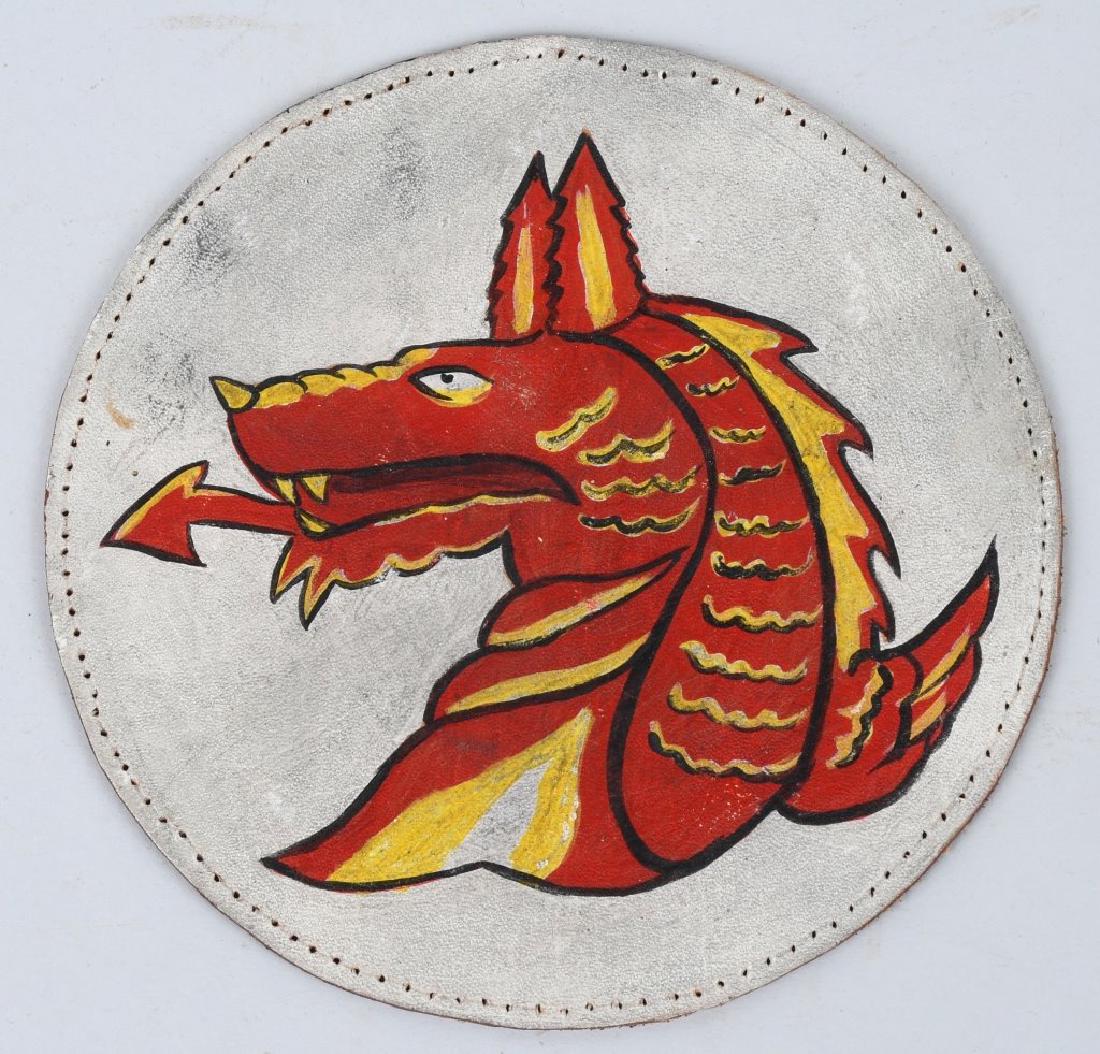 WWII US AAC 33RD BOMBER SQUADRON LEATHER PATCH: WWII US Army Air Corps, 33rd Bomber leather squadron patch removed from the flight jacket. After the Pearl Harbor Attack, the squadron was transferred to the West Coast, flying anti-submarine patrols 