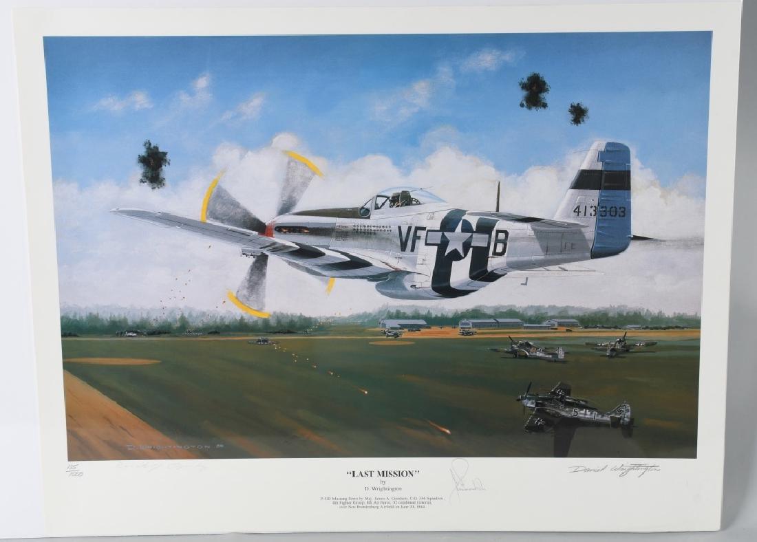 WWII AVIATION PRINT SIGNED ACE DON JAMES GOODSON: 336th Squadron, 4th Fighter Group limited edition (135/1000) WW2 aviation print titled "Last Mission" by D. Wrightington and autographed by Major James A. Goodson who is depicted in the print flying h