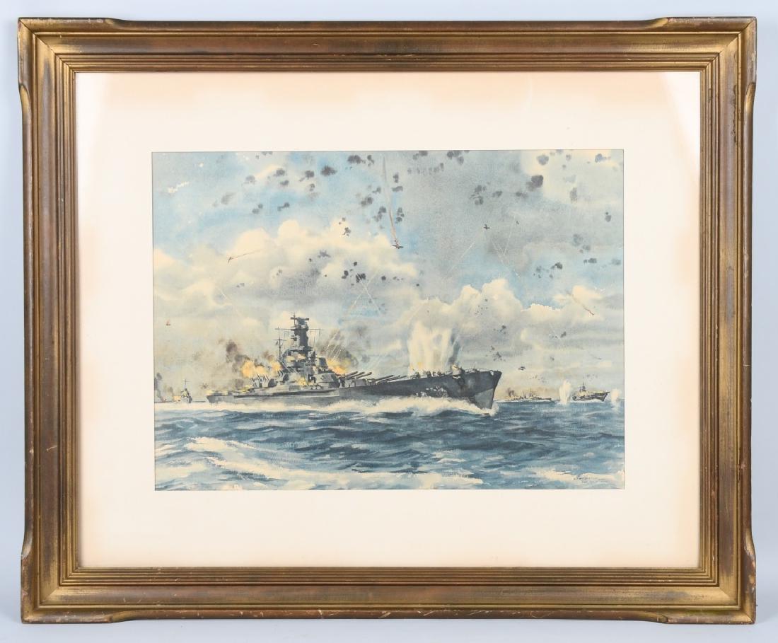 WWII USN DWIGHT SHEPLER POSTER BATTLE SANTA CRUZ: Framed vintage poster of the USS South Dakota BB7 during the Battle of Santa Cruz. South Dakota was credited with shooting down 29 planes in that battle. South Dakota was one of the new fast battleshi