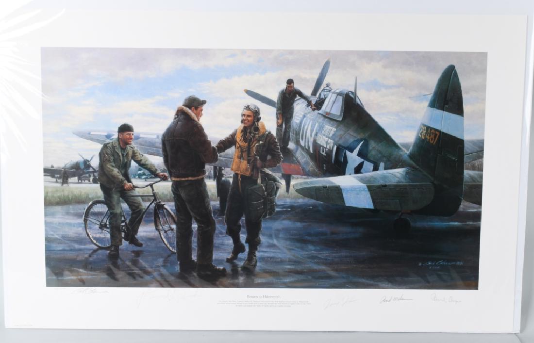 WWII AVIATION PRINT SIGNED ACE WALKER MAHURIN: 56th Fighter Squadron limited edition (403/1000) WW2 aviation print titled "Return to Halesworth" by Gil Cohen and autographed by Captain Walker Mahurin who is depicted in the print shaking hands with