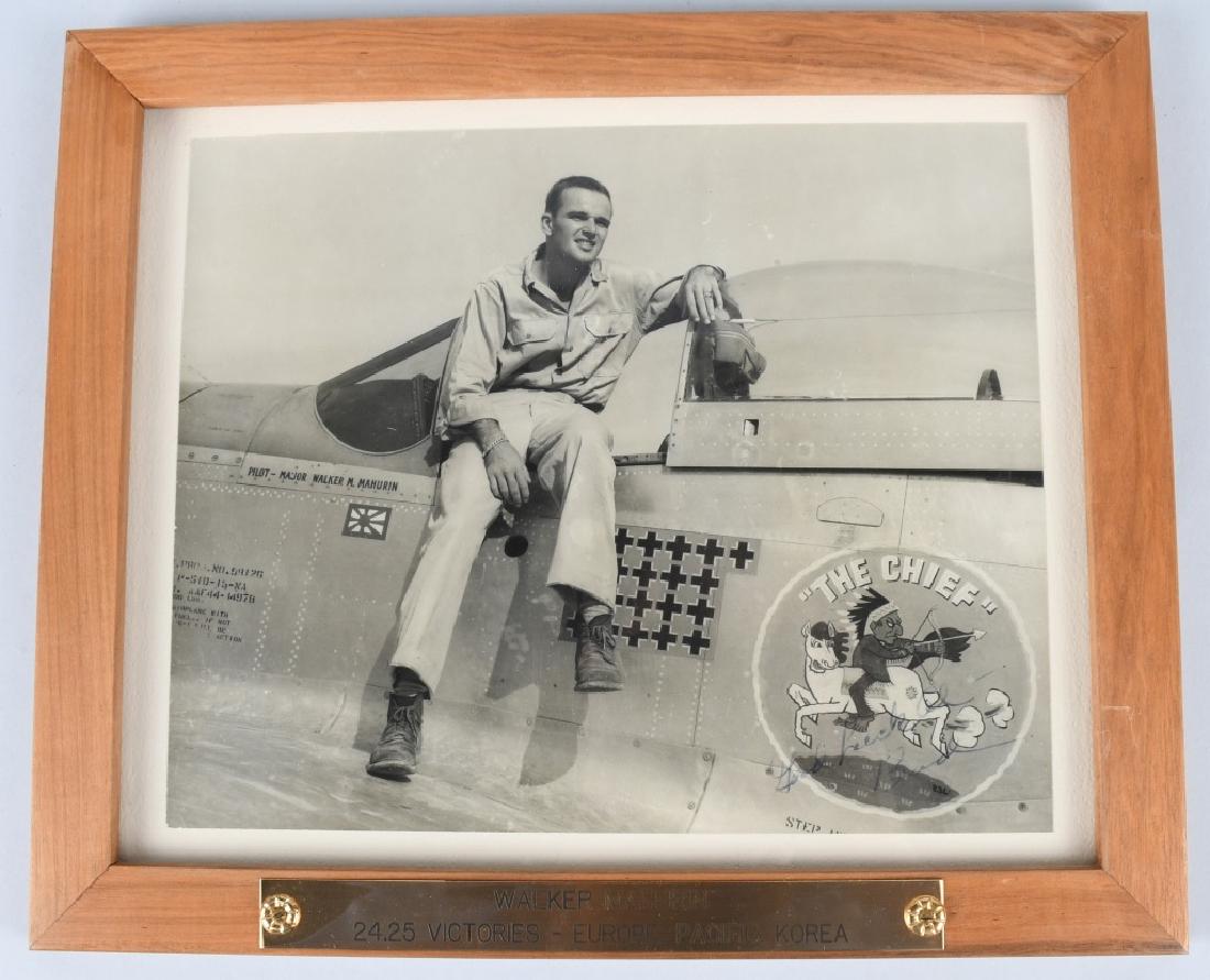 WWII VINTAGE AUTOGRAPH PHOTO OF ACE WALKER MAHURIN: Vintage World War Two Photograph of Ace Walker (Bud) Mahurin sitting on the edge of the cockpit of his plane. The photo is autographed in the bottom right corner "Good Luck Al - Bud" Mahurin became th