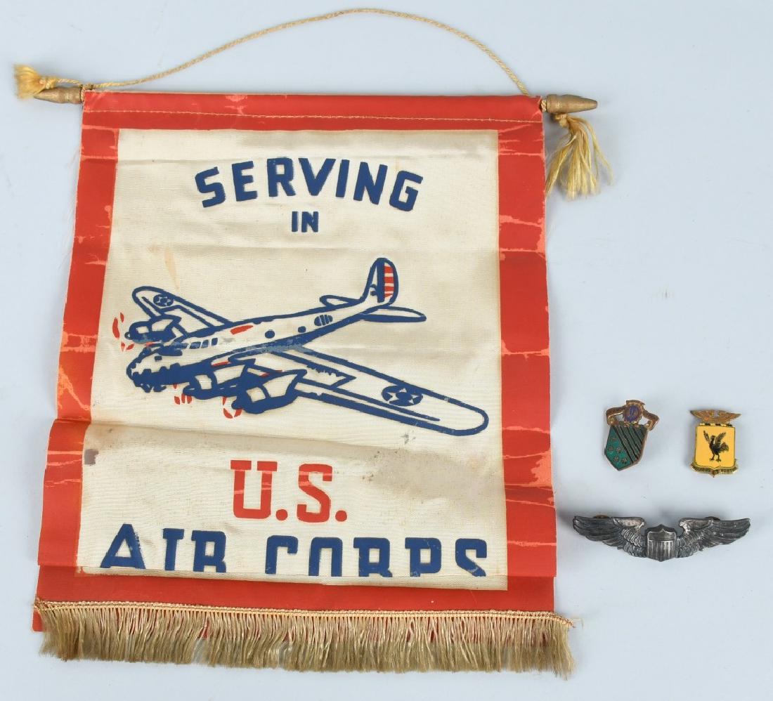 WWII U.S. ARMY AIR FORCE AAC GROUP WINGS, DIS FLAG: WW2 Army Air Force Grouping including an 18th fighter bomber wing screwback DI, a 1st Fighter Group pinback DI, Gemsco Sterling clutchback wings and a "Son In Service" flag that states "Serving in U.S