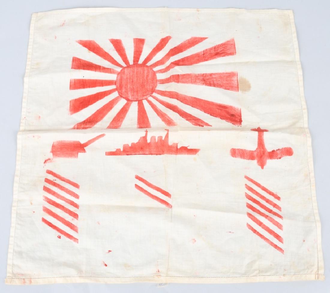 WWII U.S. SAILOR DECORATED JAPANESE KILL FLAG: U.S. sailor decorated Japanese "Kill Flag". The hash marks on the flag designate that the ship the sailor was assigned to recorded 6 Japanese aircraft downed, 6 shore bombardments and 2 surface ships 