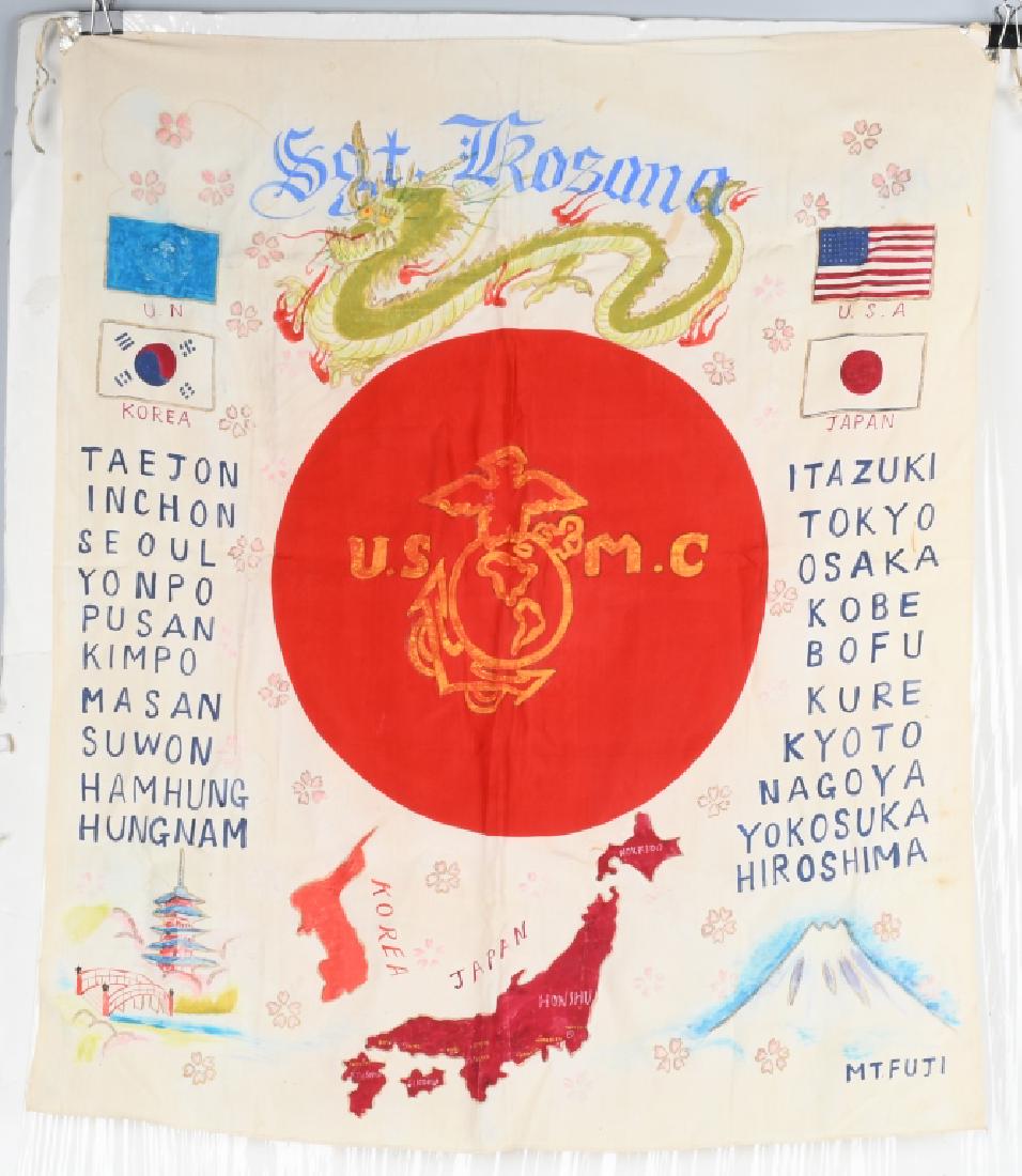 WWII IDED USMC JAPANESE FLAG OCCUPATION & KOREA: World War Two United States Marine Corps souvenir Japanese flag featuring the USMC EGA - (Eagle Globe Anchor) in the red circular field. Above this is a painted dragon and the name " Sgt. Krosana". On