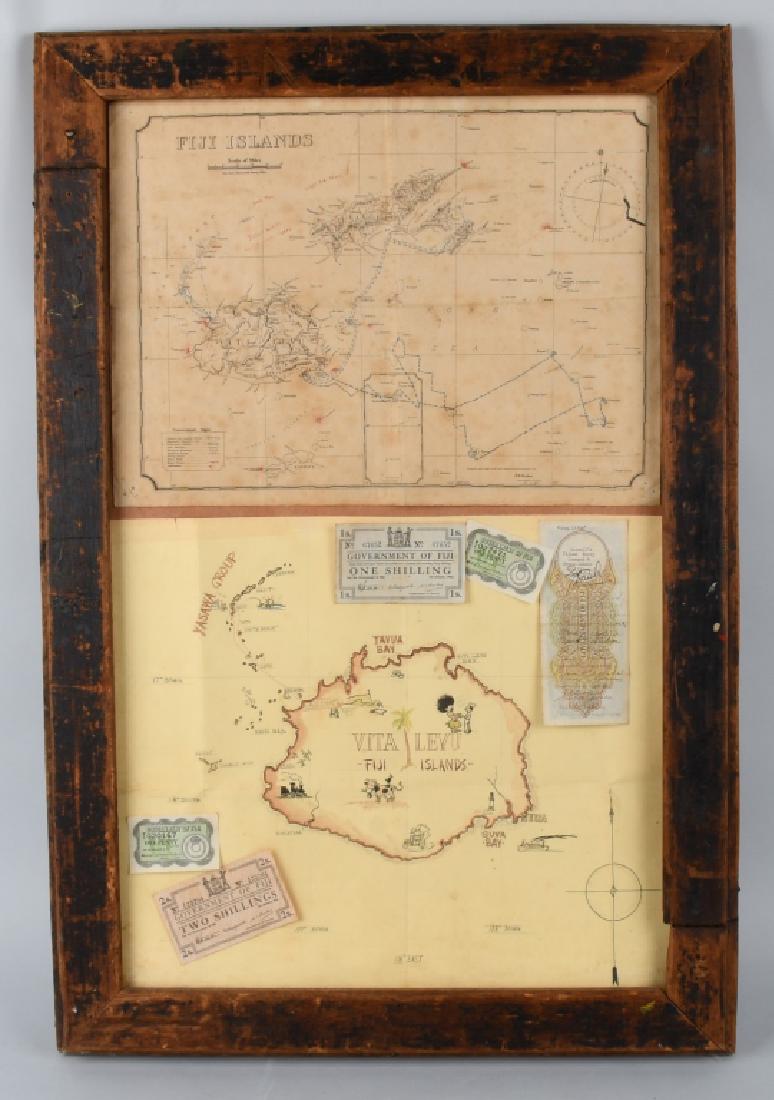 WWII US FIJI ISLAND SOLDIER ART MAPS SHORT SNORTER: World War Two framed lot including a printed map of the Fiji Islands and a soldier's rendition of Vita Levu Fiji Islands along with currency including a short snorter note with 17 names below the type