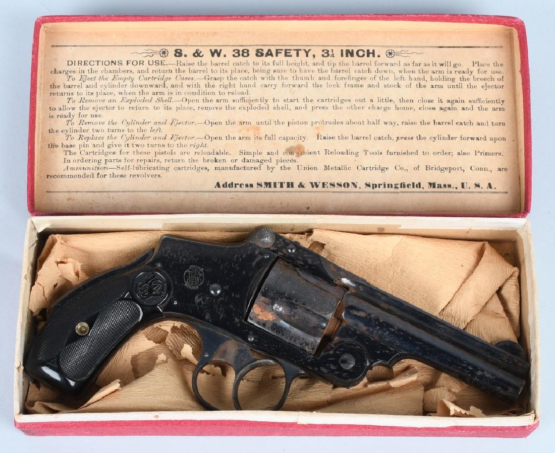 SMITH & WESSON .38 SAFETY 4th MODEL DA REVOLVER: SN 178416, 4th model safety DA revolver in the original box. MFG 1898-1907, Revolver is .38 caliber and has a 3 1/4" barrel with rusty bore. It has the "lemon squeezer" safety feature on back strap. T