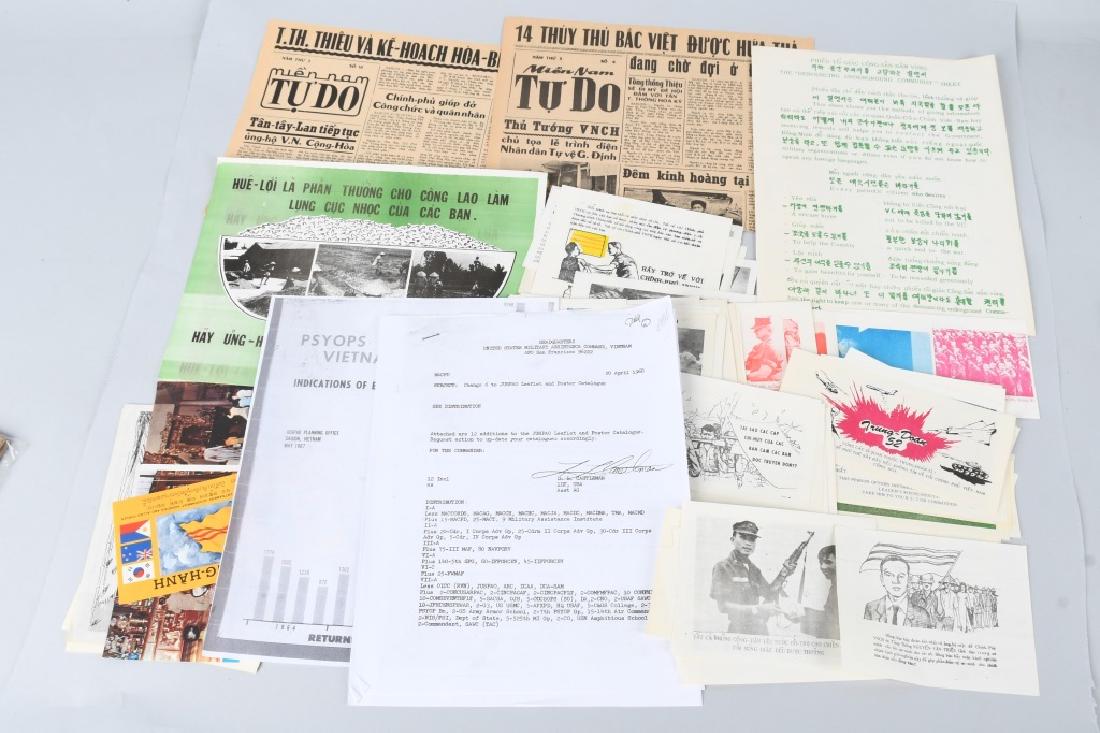 VIETNAM WAR U.S SOUTH VIETNAM PROPAGANDA PAMPHLETS: Group of 80 air drop propaganda leaflets dropped by the United States and South Vietnam during the Vietnam War in order to demoralize the North Vietnamese. All of the pamphlets are in Vietnamese. Also