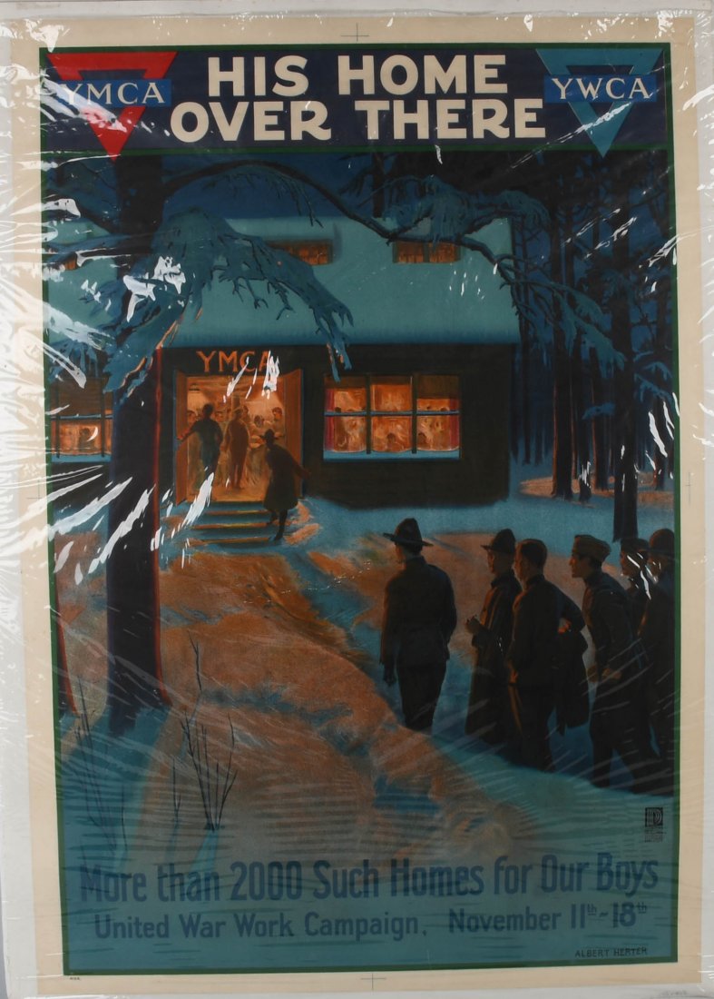 WWI YMCA PATRIOTIC POSTER: Colorful graphics and details. 28\" by 42\". Mounted on linen for preservation. Albert Herter. Very Good-Excellent