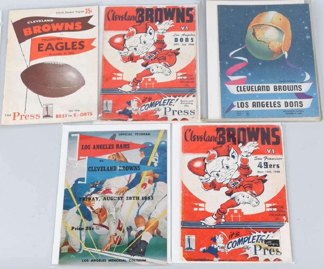 Cleveland Browns vintage program lot: A Cleveland Browns vs. Los Angeles Dons Sept. 3, 1948, condition VG (corner wear). Browns vs. 49ers 11/14/48 with a tear in the bottom right and corner wear. Browns vs. LA Dons 10/14/49 VG plus. Brown