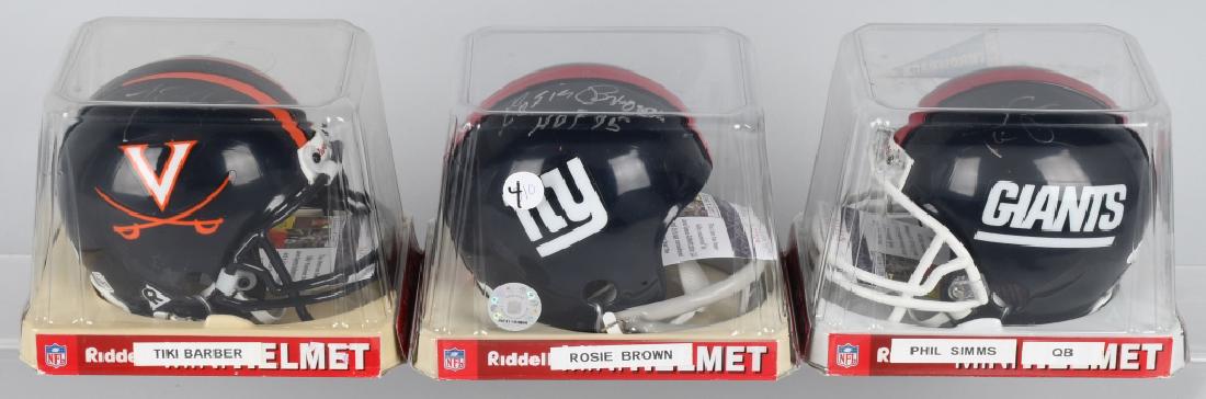 New York Giants mini-helmets: Brown, Sims, Barber: All 3 are JSA certed. Rosie Brown is a Giants' helmet with HOF inscription. All are silver sharpie. Phil Sims is a Giants' helmet. Tiki Barber is a University of Virginia helmet