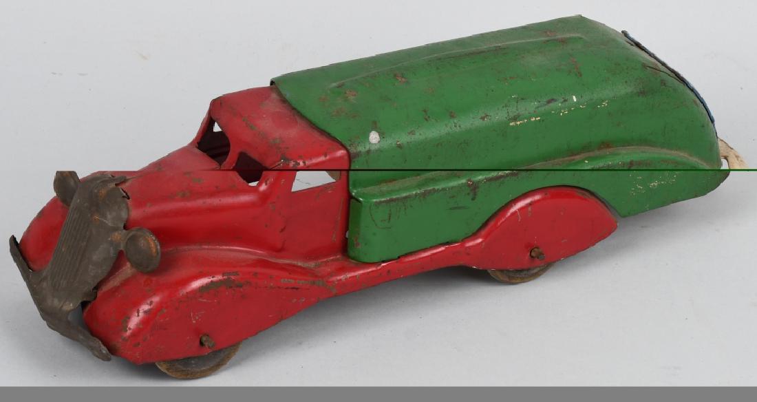 MARX 1930's PRESSED STEEL TANKER TRUCK: All original multi colored truck measuring 12". Complete should clean to a higher grade. Very Good