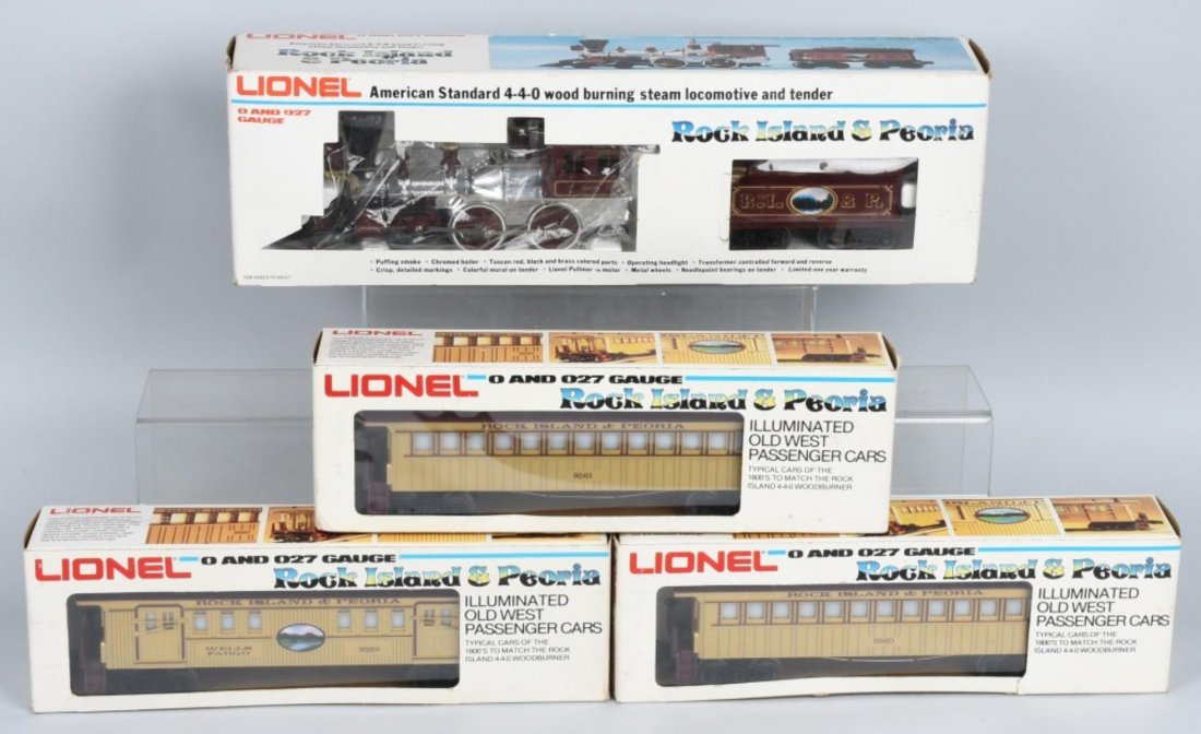 LIONEL #8004 ROCK ISLAND & PEORIA ENGINE & 3 CARS: Lionel #6-8004 Rock Island Peoria Wood Burning Steam Locomotive with Tender, #6-9559 Rock Island Combo Car, #6-9560 Rock Island Passenger Car, and #6-9561 Rock Island Passenger Car. All cars new old s