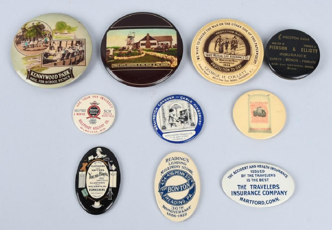 10- CELLULOID ADVERTISING POCKET MIRRORS: Includes Pierson & Elliot Insurance, Dollison Piano, Travelers Insurance, Chula Vista Ozarks, State Mutual Life Insurance, Kennywood Park, RD Hubbard Superlative, Young Bros Clothes, Bon-Ton Millinery