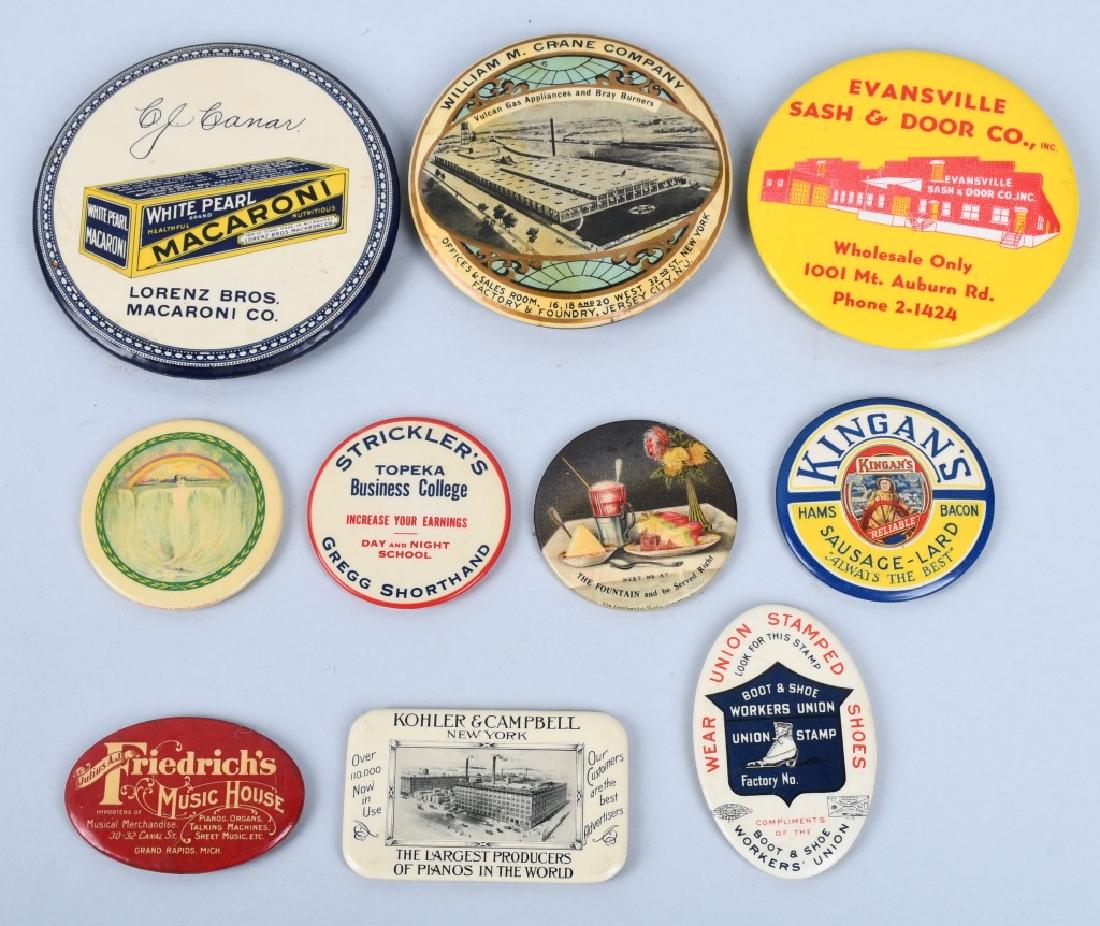 10- CELLULOID ADVERTISING POCKET MIRRORS: Includes Evansville Sahs & Door, Stricklers Business College, Kingan's Sausage Lard, Niagara Falls, Kohler & Campbell Pianos, Boot & Shoe Workers Union, White Pearl Macaroni, The Fountain, Friedrich's