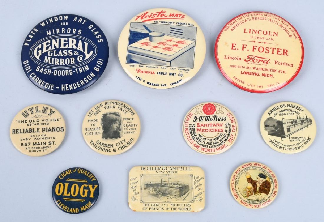 10- CELLULOID ADVERTISING POCKET MIRRORS: Includes Ology Cigar, Foster Ford Lincoln, Utley Pianos, Arnolds Bakery, Duffys Malt Whiskey, Garden City Tailoring, McNess Sanitary Medicines, Kohler Campbell, Aristos-Mats, and General Glass & Mirro