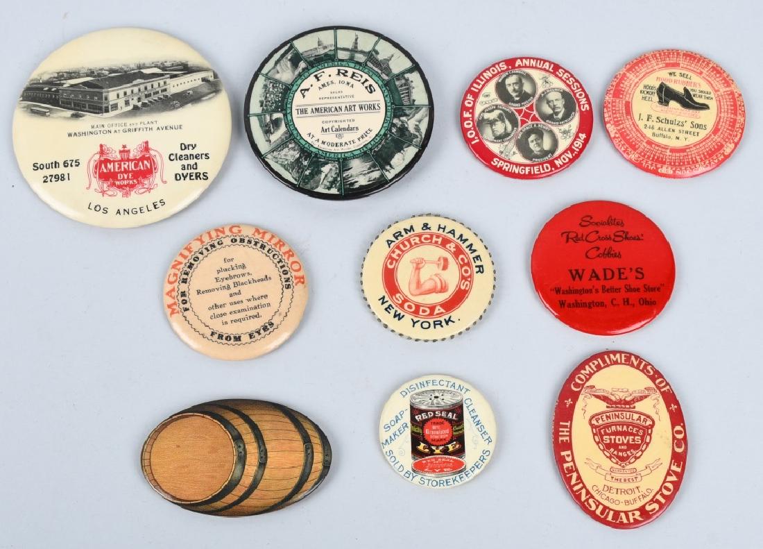 10- CELLULOID ADVERTISING POCKET MIRRORS: Includes Peninsular Stove, Magnifying Mirror, Red Cross Shoe, I.O.O.F. Illinois, Shultz Hood Rubbers, AF Reis American Art Works, Church Soda, American Dye Works, Barrel, and Red Seal Lye. Largest mea