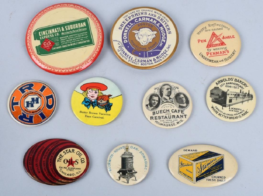 10- CELLULOID ADVERTISING POCKET MIRRORS: Includes Beckwith Stoves, Standard Nut Margarine, Beuch Cafe, Buster Brown, H&H Cleaner, Arnolds Bakery, Star Oil, Sheepskins & Skivers, Cincinnati & Suburban, and Penman Pen Angle. 4" Excellent