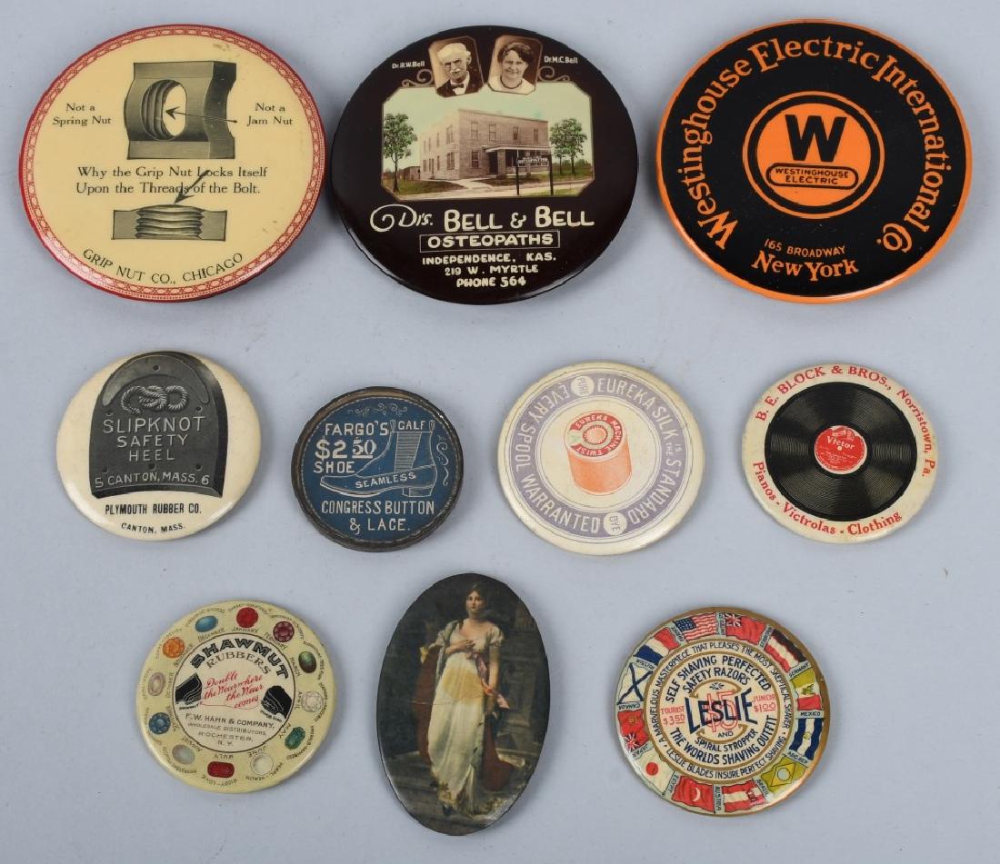 10- CELLULOID ADVERTISING POCKET MIRRORS: Includes Westinghouse Electric, Shawmut Rubbers, Slipknot Heel, Leslie Razors, Victor, Grip Nut, Eureka Silk, Fargos Lace, Goddess, and Bell & Bell Osteopaths. 4" Excellent