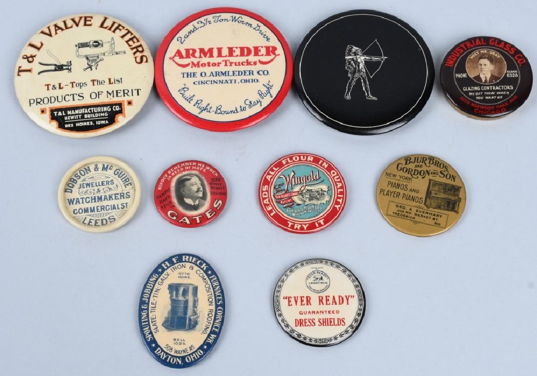 10- CELLULOID ADVERTISING POCKET MIRRORS: Includes Ever Ready Dress Shields, T&L Valve Lifters, Indian, Bjur Bros Pianos, Dobson & McGuire Watchmakers, Armleder Motor Truck, Industrial Glass, HF Reick Furnace, Gates Hats, and Wingold Flour. L