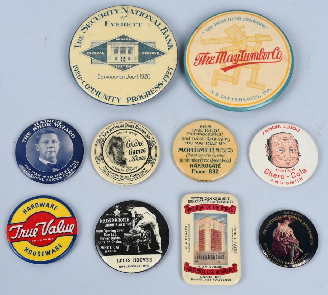 10- CELLULOID ADVERTISING POCKET MIRRORS: White Cat Suits, Security National Bank, Fraternal Life Insurance, Chero-Cola, True Value, Mortimer Pharmaceuticals, The Maylumber Co, Gitche Gamee Shoes, Haines Shoes, and Electrical Automatic Applia