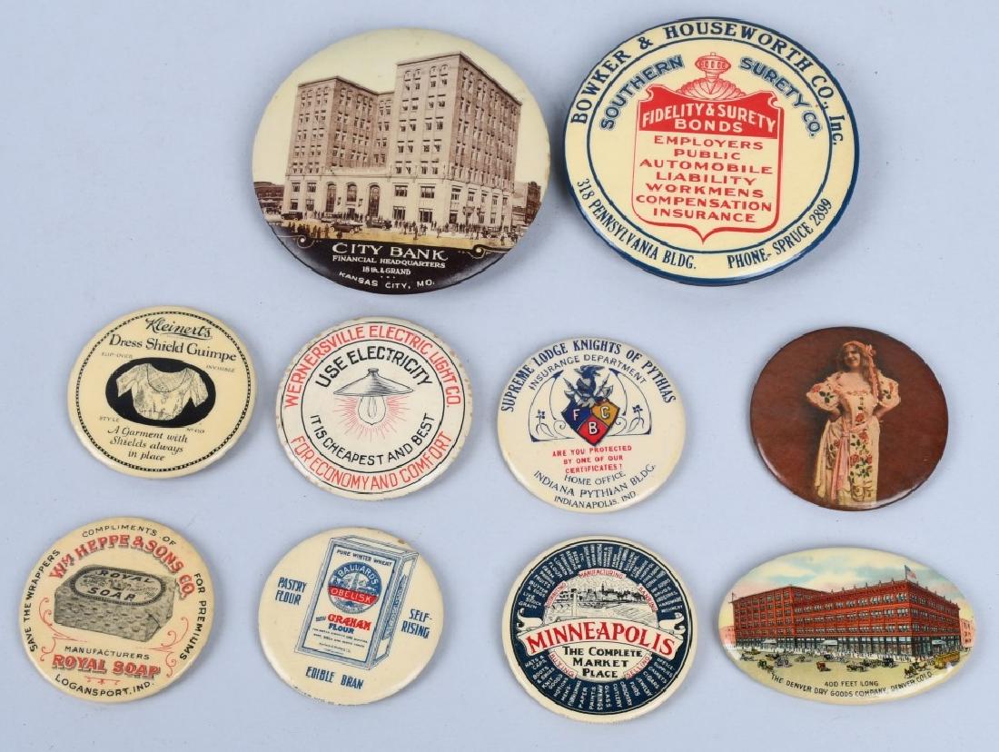 10- CELLULOID ADVERTISING POCKET MIRRORS: Includes Heppe & Son Soap, Ballards Flour, Minneapolis market, Fidelity & Surety Bond, Kleinerts Dress Shield, Gypsy, Supreme Lodge, Wernersville Electric, Denver Dry Goods, and City Bank Kansas. Larg