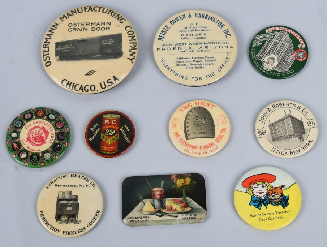 10- CELLULOID ADVERTISING POCKET MIRRORS: Includes Buster Brown, Syracuse Heaters, Radcliffe shoe, John Guarnieri Dessert, Ostermann Manufacturing, John Roberts, KC Baking Powder, Kardex Office Supplies, Ferguson Rubbers, and The Maccabees. L