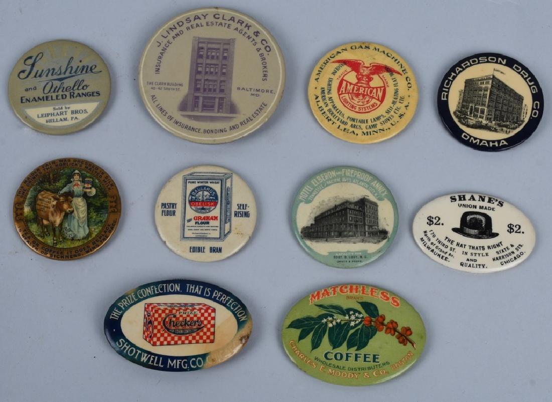 10- CELLULOID ADVERTISING POCKET MIRRORS: Includes Horlicks Malted Milk, Richardson Drugs, J Lindsay Clark Insurance, American Gas Machine, Ballards Graham Flour, Cracker Jacks, Shanes Hats, Hotel Elberon, Sunshine Ranges, and Matchless Coffe