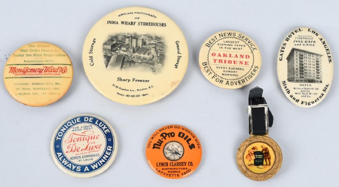 7- CELLULOID ADVERTISING ITEMS: Includes Tellings Ice Cream Watch Fob, India Warf Storehouses Ten Year Calendar, Oakland Tribune Match Striker, Montgomery Ward Match Striker, Gates Hotel Match Striker, Nu-Pro Oil Compass, and Toniqu