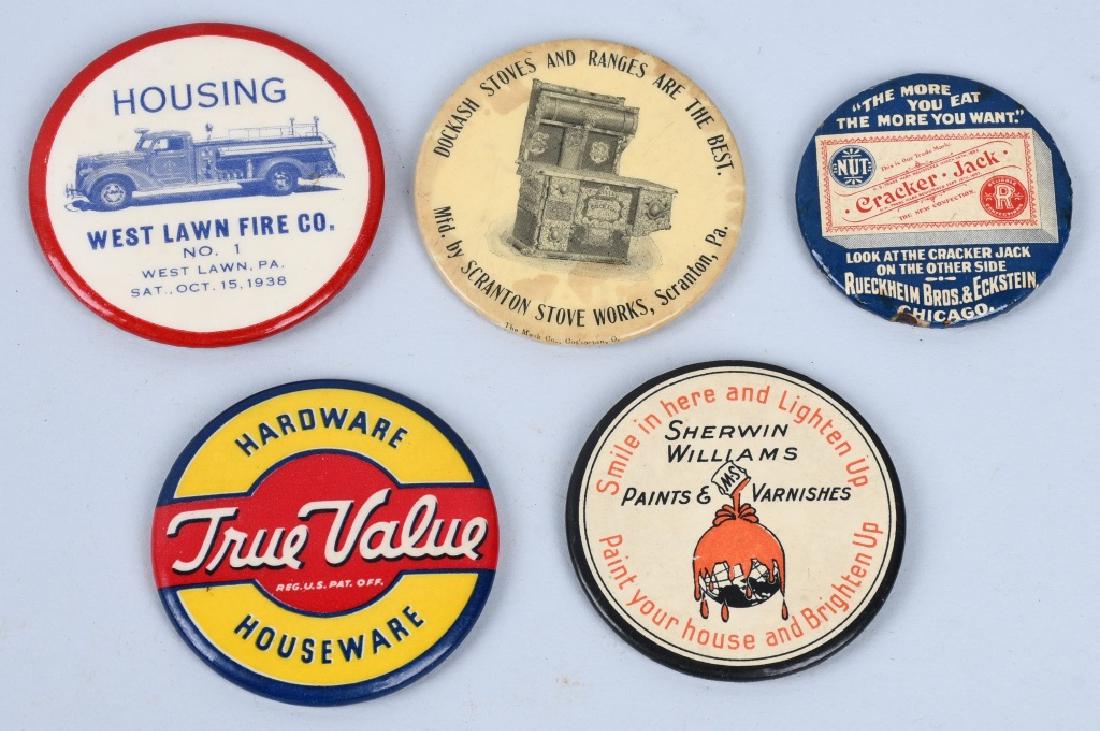 5- CELLULOID ADVERTISING POCKET MIRRORS: Includes West Lawn Fire Co., rue Value, Shewin Williams Paint, Cracker jack, and Dockash Stoves. Largest 2" Excellent