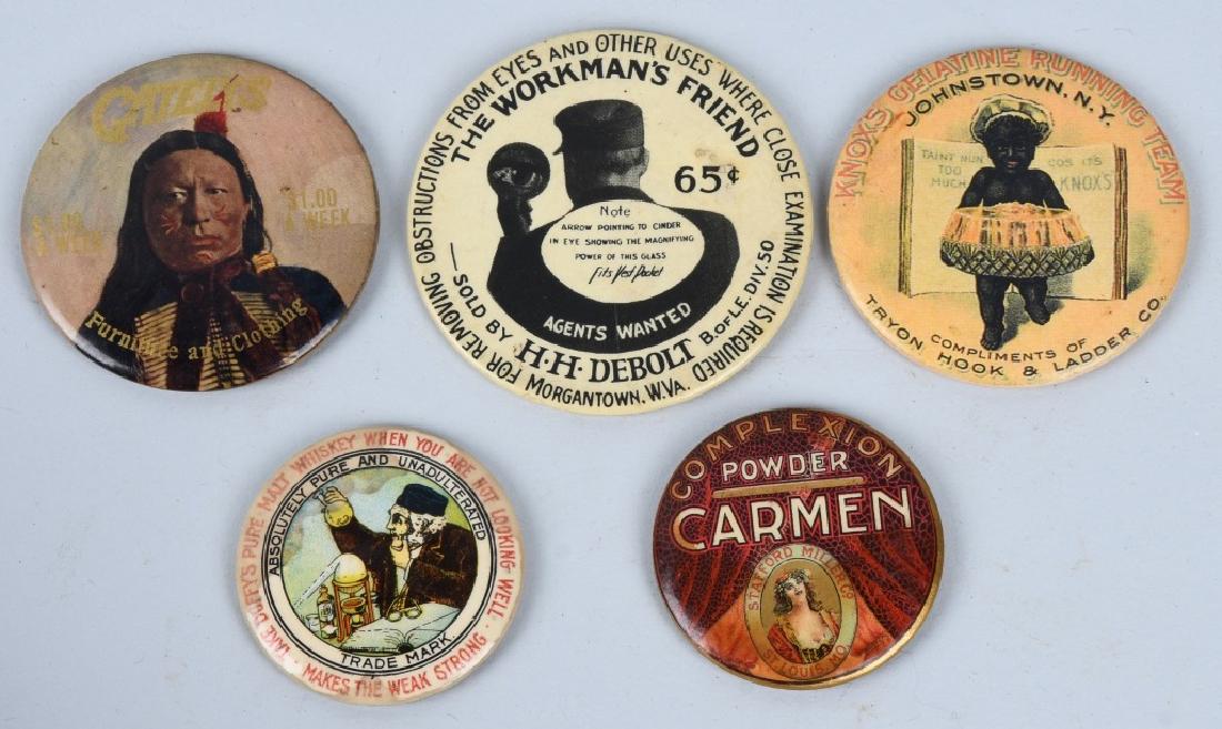 5- CELLULOID ADVERTISING POCKET MIRRORS: Includes Gately's Indian, Knox Gelatine, lake Duffy Malt, Carmen Complexion Powder, and Workmans Friend. Largest measures 2 1/2" Excellent
